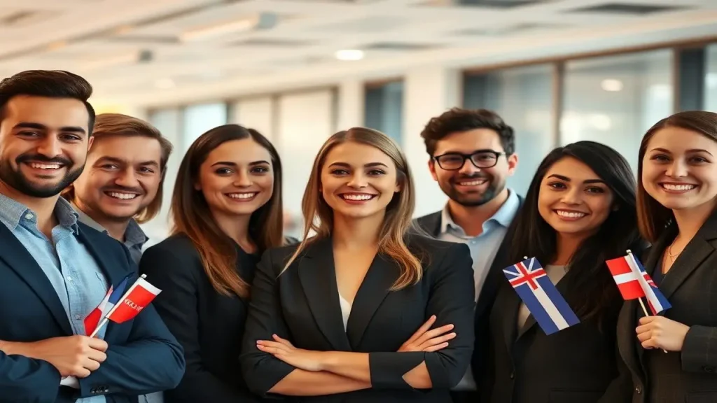 Profesionales diversos, oficina moderna, banderas sutiles