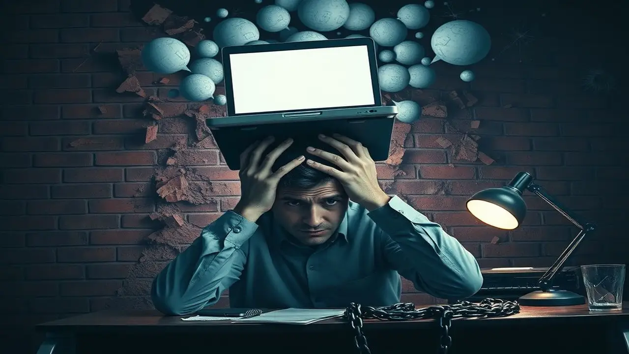 Caos opresivo: persona, laptop, y destrucción