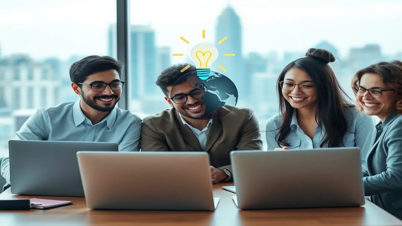 Profesionales felices colaboran globalmente en oficina moderna