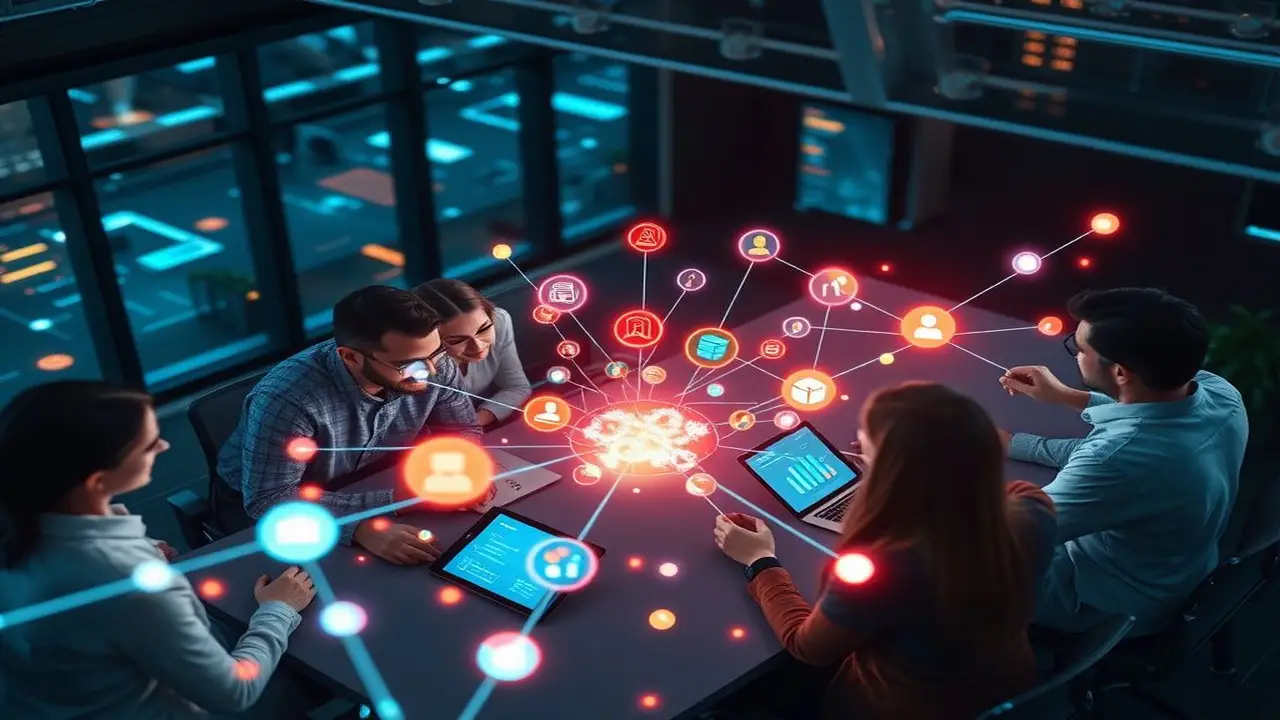 Oficina futurista colaborativa de ritmo vibrante