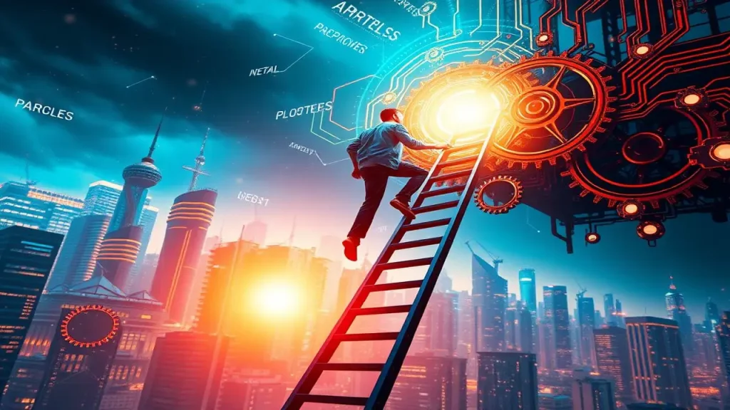 Ascenso profesional brillante, ciudad futurista, arte corporativo