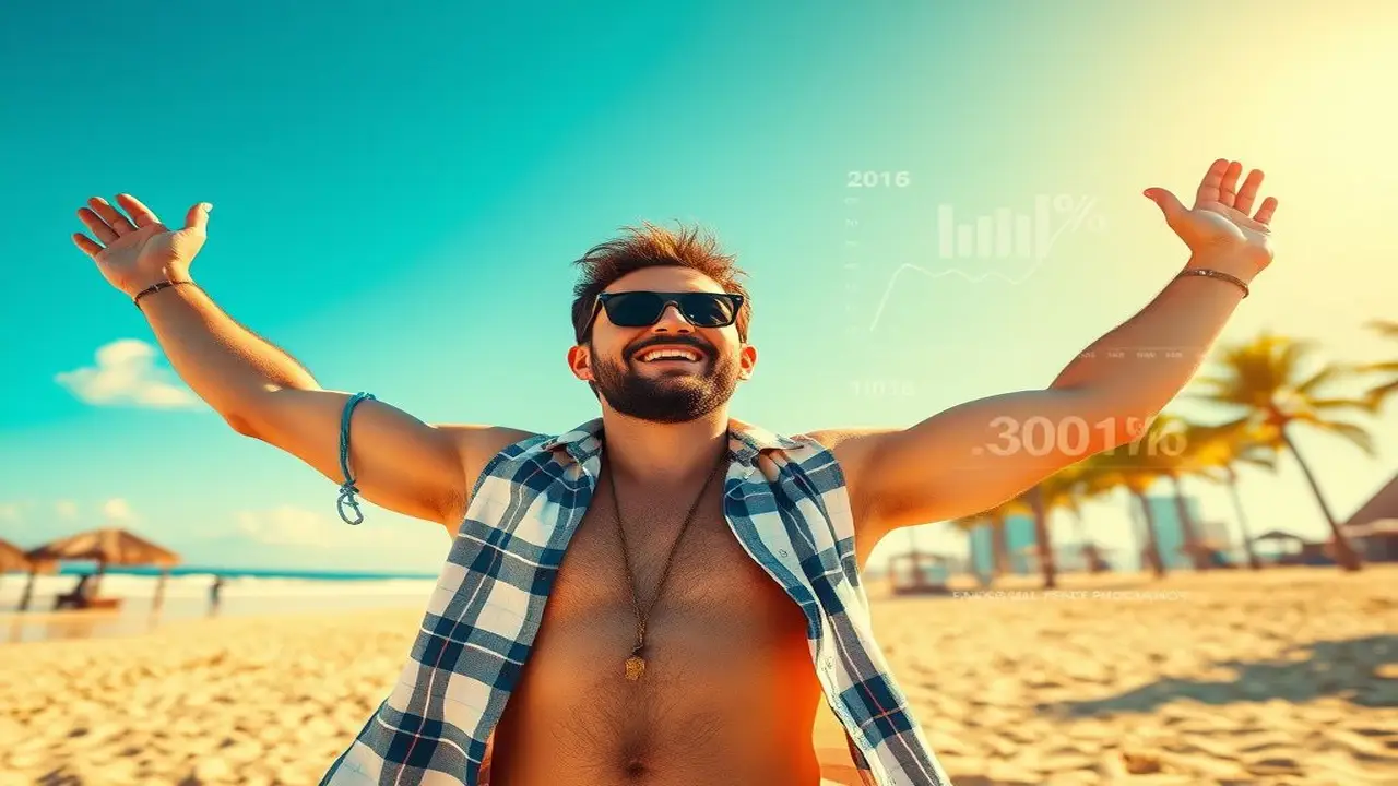 Hombre celebra en playa mexicana radiante