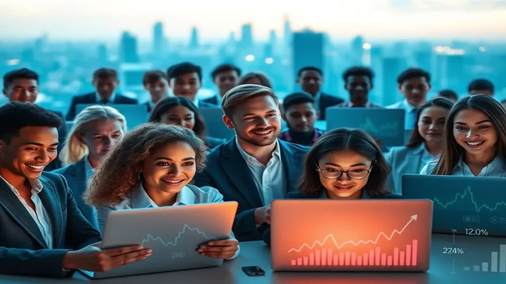 Profesionales diversos en ciudad digital futurista